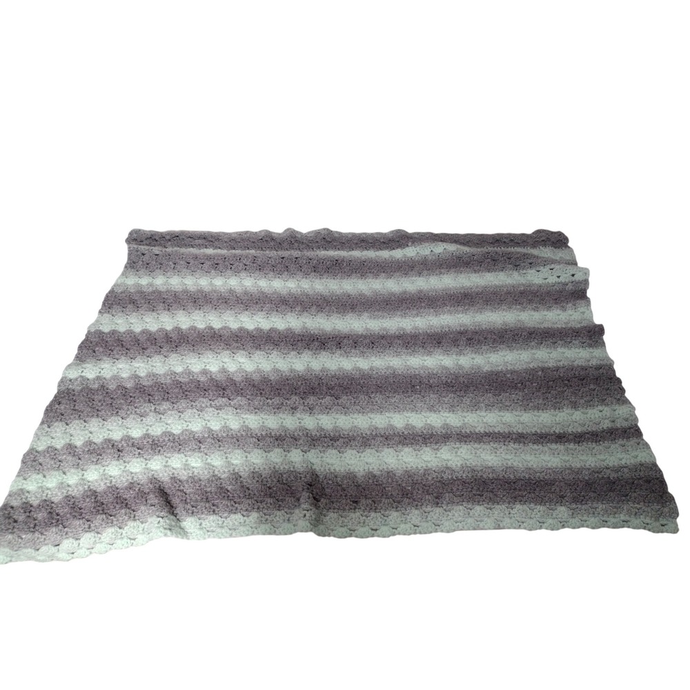 Handmade Crochet Baby Blanket Striped Grey Mint Green Shell Stitch 43x33 Throw